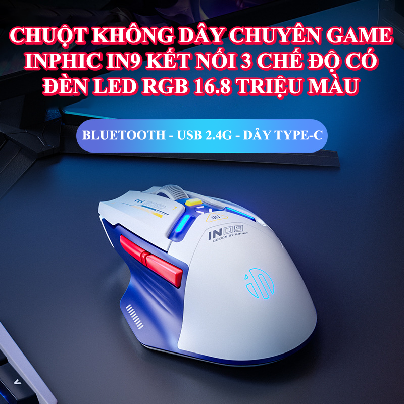 Chuột không dây chuyên game INPHIC IN9 kết nối 3 chế độ có đèn led RGB 16.8 triệu màu kèm theo độ nhạy lên đến 10000DPI - Hàng Chính Hãng