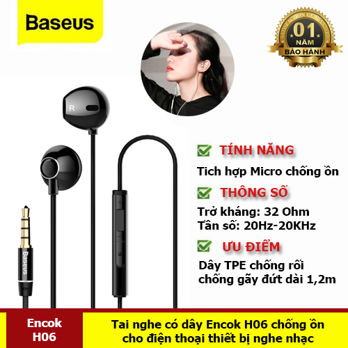 Tai Nghe Có Dây Mic Bass Âm Thanh Jack 3.5Mm Cho Điện Thoại(Encok H06) Samsung Xiaomi - Hàng Chính Hãng Baseus