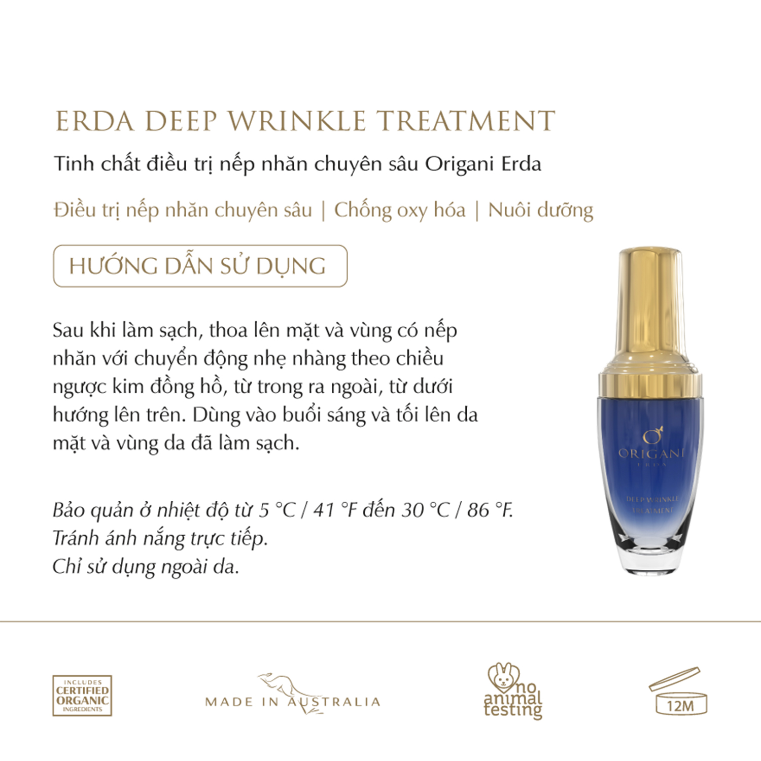 Tinh Chất Hỗ Trợ Điều Trị Nếp Nhăn Sâu Có Chứng Nhận Hữu Cơ - Origani Erda Deep Wrinkle Treatment 30ml -Cải thiện độ đàn hồi cho da - Xuất xứ Úc