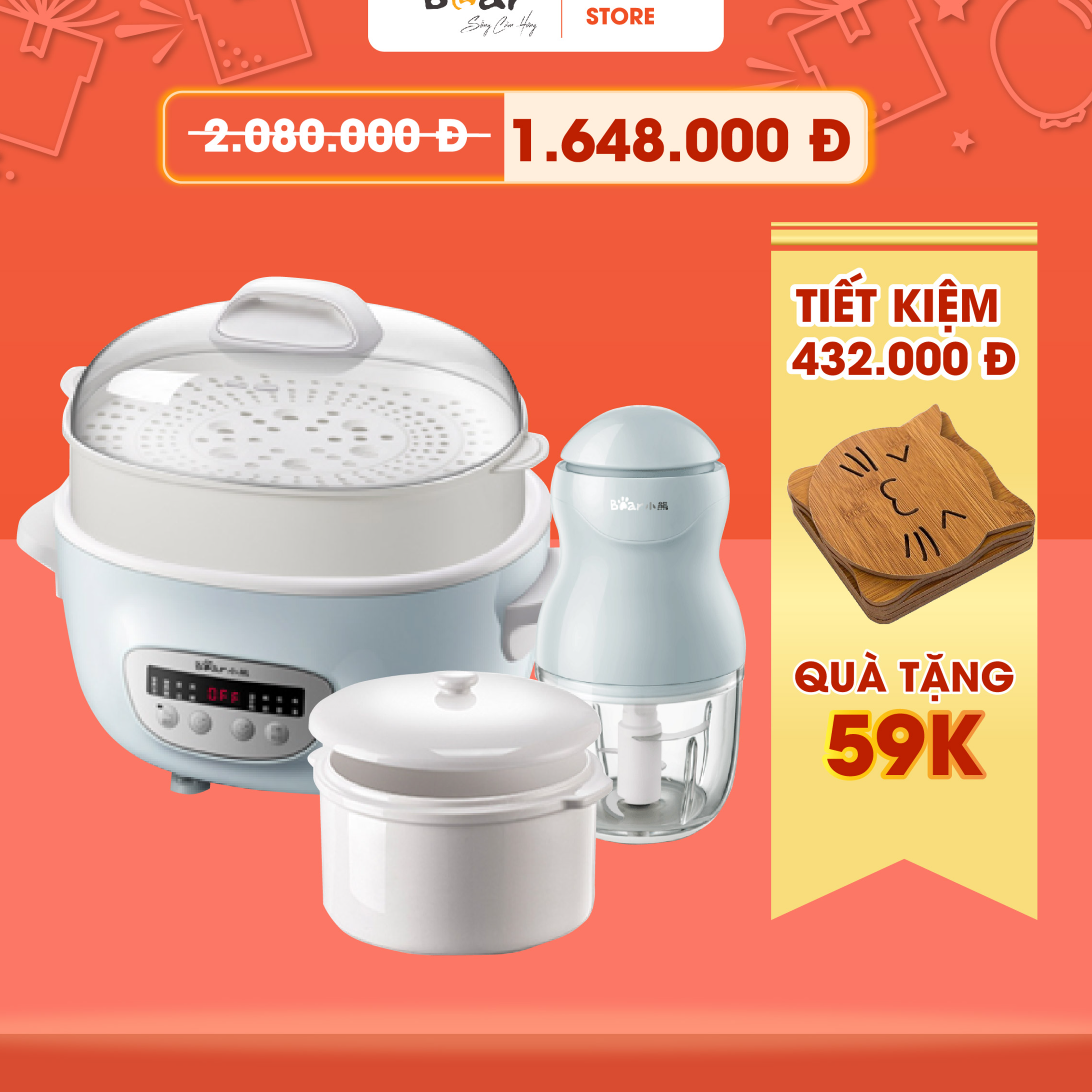 Combo Nồi Nấu Chậm 1,6L SUBE002 + Máy Xay Ăn Dặm 0,3L B03V2chưng yến dinh dưỡng, tiện dụng - Hàng Chính Hãng