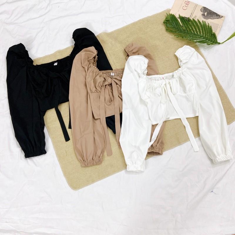 Áo sơmi thắt nơ ngực croptop bèo nhún sexy 2021