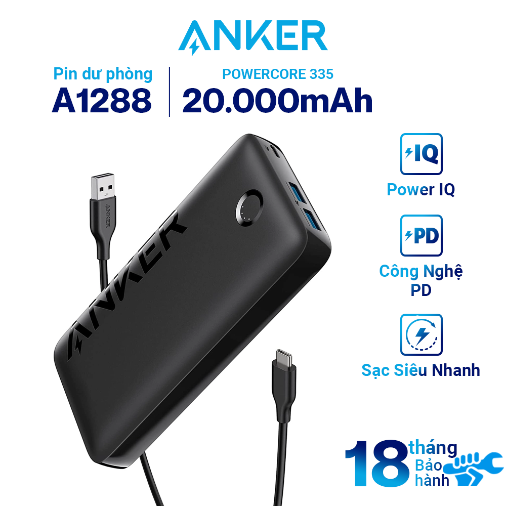 Pin Sạc Dự Phòng Anker 335  Powercore 20000mAh A1288 3 Cổng Type-C và USB-A Sạc Nhanh, Tương Thích Nhiều Thiết Bị - Hàng Chính Hãng