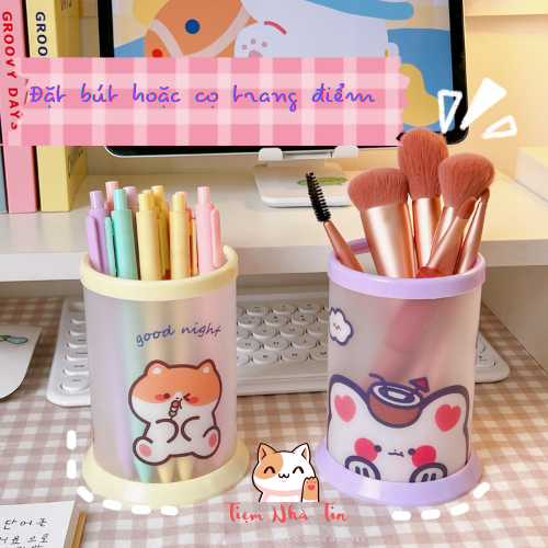 Ống Cắm Bút Tròn Hình Chibi Dễ Thương Đựng Bút, Mỹ Phẩm Trang Điểm Đồ Dùng Học Tập Tự Lắp Ghép Dễ Thương