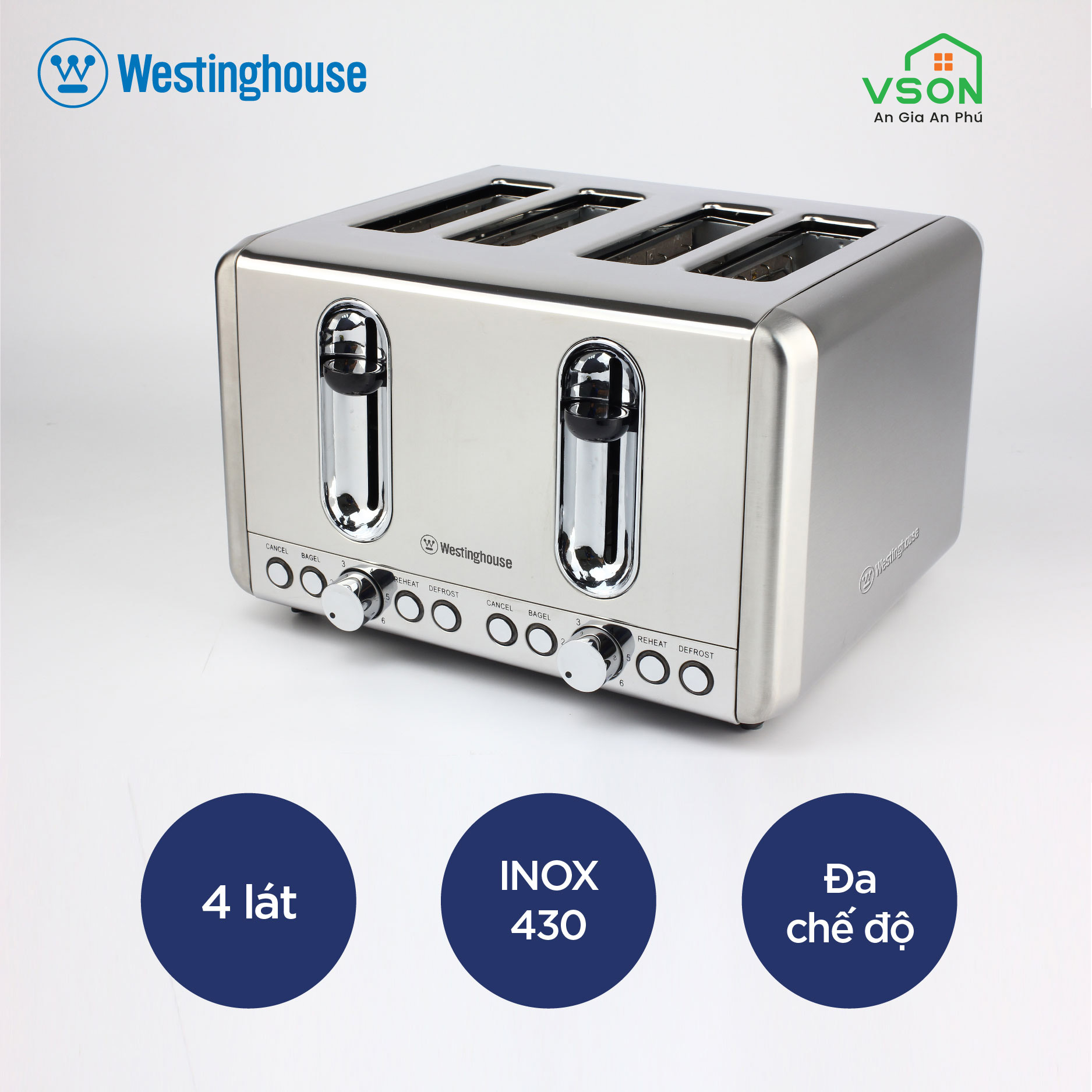 Máy kẹp nướng bánh mỳ sandwich 4 lát WestingHouse WKTT010 Công suất 815W 4 khe nướng - Hàng chính hãng Mỹ
