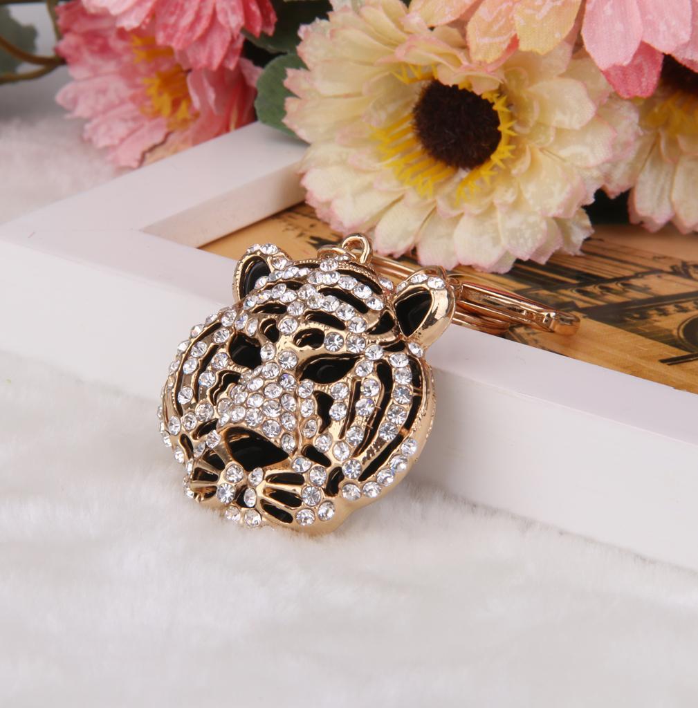 Alloy Rhinestone Charms 3D Crystal Tiger Head Design Pendant Keyring Keychain Handbag Purse DIY Car Key Decor Ornaments