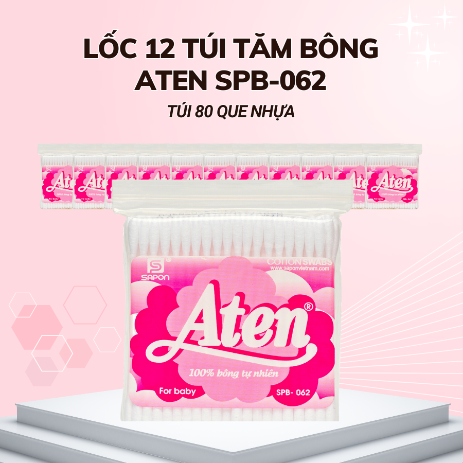 Lốc 12 túi Tăm bông Aten trẻ em thân nhựa 80 que SPB-062