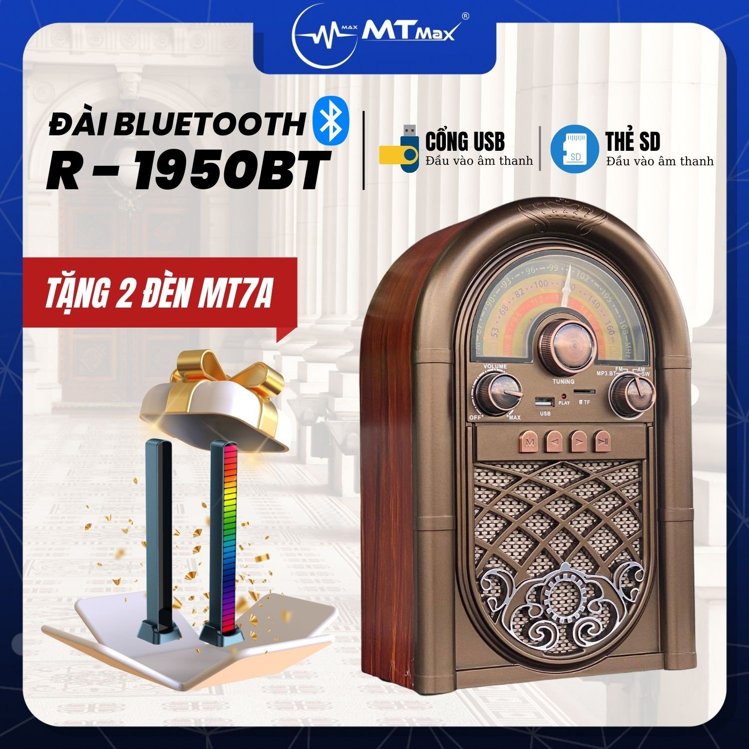 Đài FM Bluetooth R1950BT - Loa Bluetooth Kết Hợp Đài Radio Phong Cách Cổ Điển Hỗ Trợ Thẻ Nhớ USB Hàng Chính Hãng