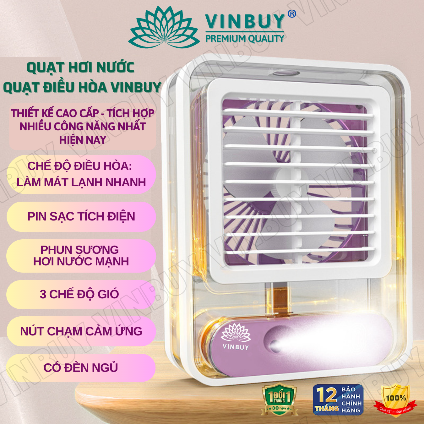 Quạt mini để bàn tích điện cầm tay VinBuy, phun sương hơi nước 3 cấp độ gió, có pin, đèn ngủ, tiện lợi di chuyển mọi nơi - Hàng chính hãng