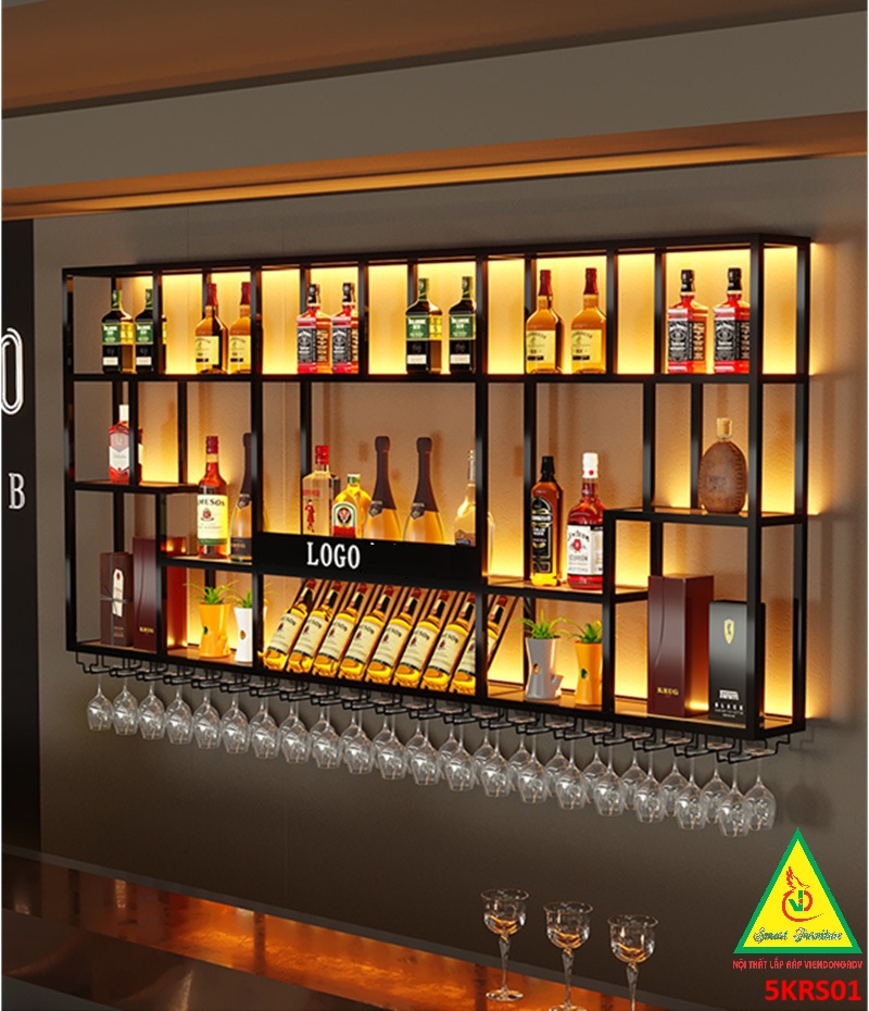 KỆ TRƯNG RƯỢU KHUNG SẮT – MẶT GỖ CÓ ĐÈN 5KRS01 - NỘI THẤT LẮP RÁP VIENDONGADV