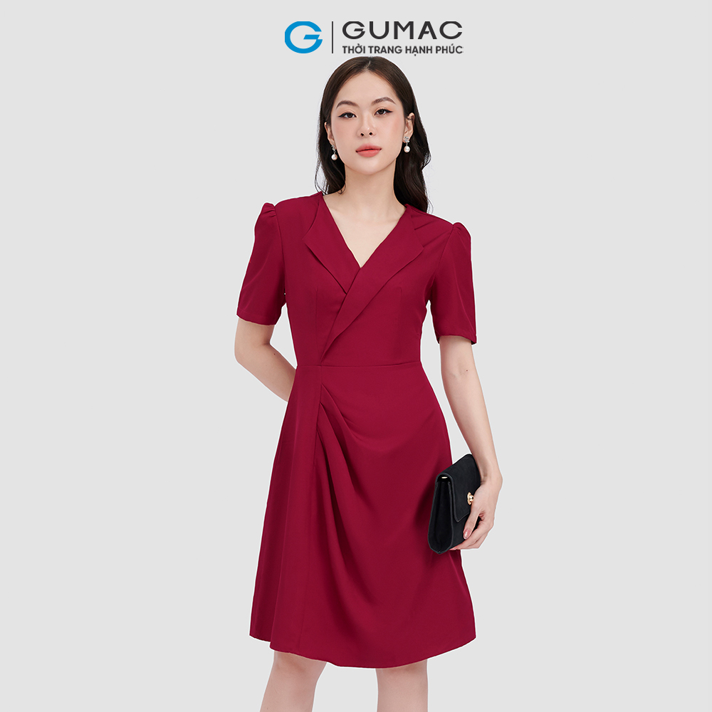 Đầm nữ GUMAC DC05010 form A cổ danton phối xếp ly tạo kiểu