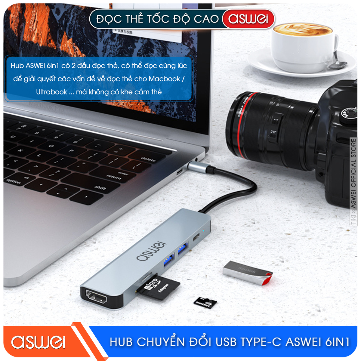 Hub Chuyển Đổi USB Type C ASWEI 6 in 1 - HDMI, USB 3.0, SD, TF, PD 100W Tốc Độ Cao - Hàng Chính Hãng