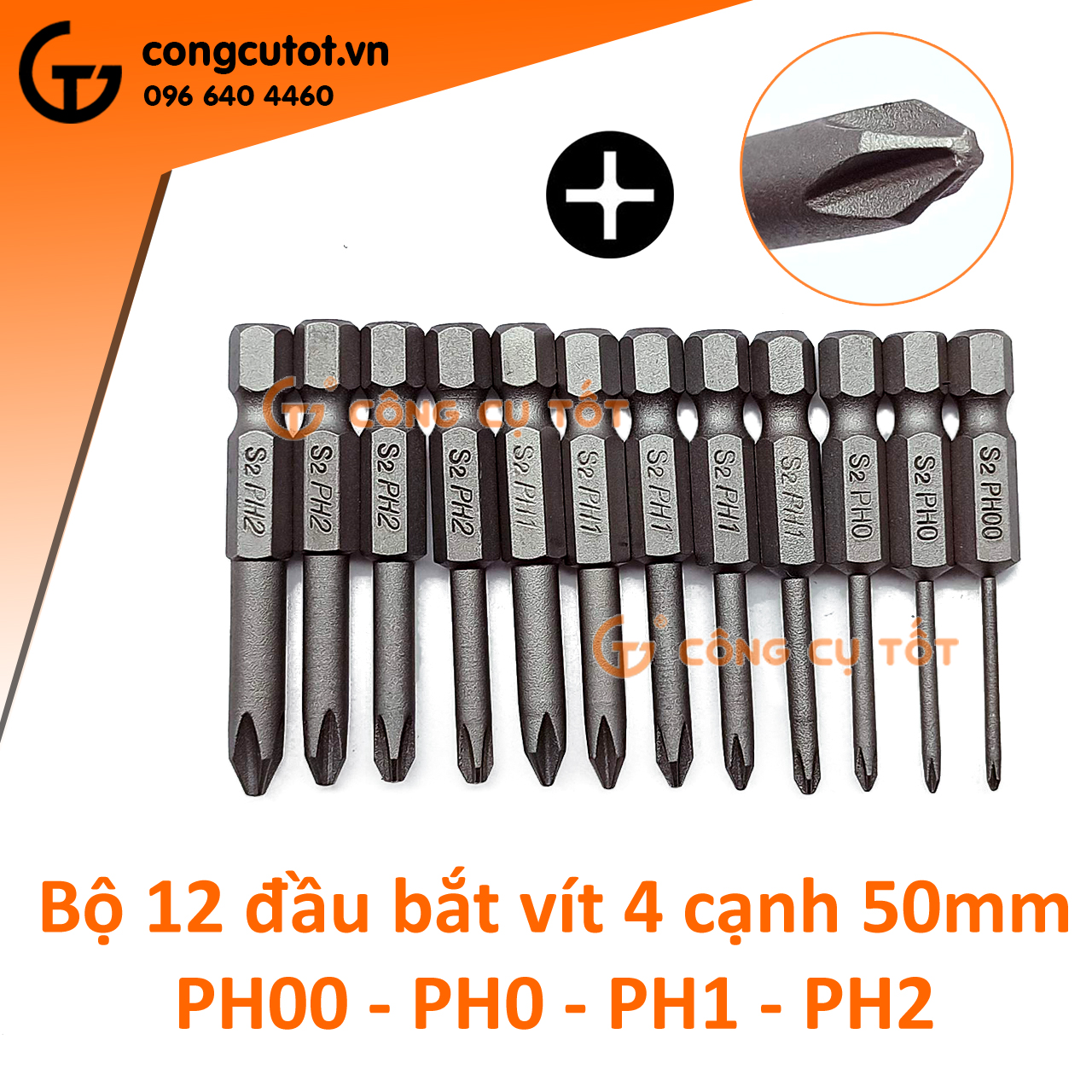 Bộ 12 đầu bắt vít 4 cạnh chuôi lục thép S2 PH00 - PH2 dài 50mm