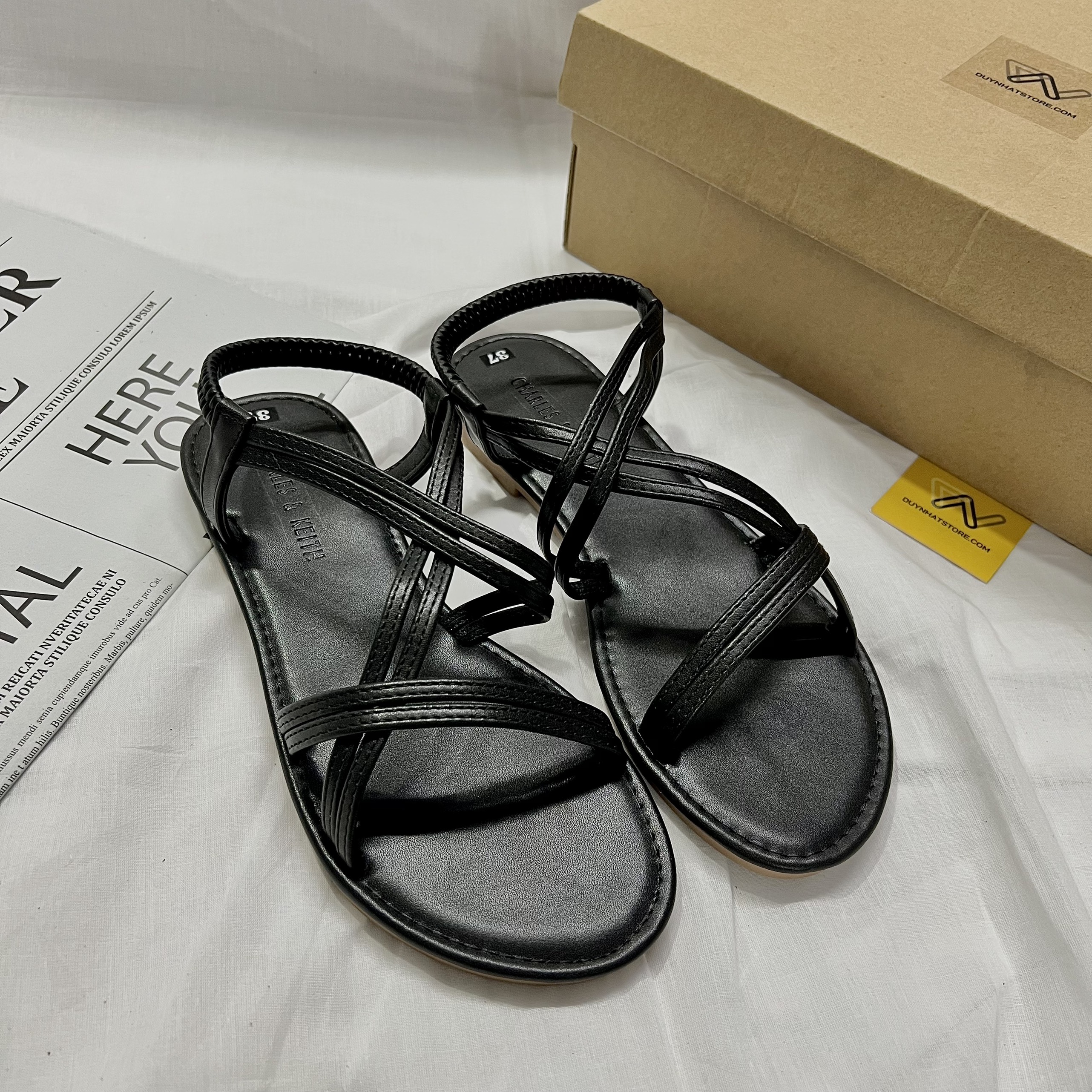 Giày Sandal Nữ Quai Ngang Chéo Đế Bệt Màu Nâu Đen Dây Mảnh Nhỏ Duy Nhật Store Học Sinh Đi Học Bền Uzzang Chiến Binh Thun