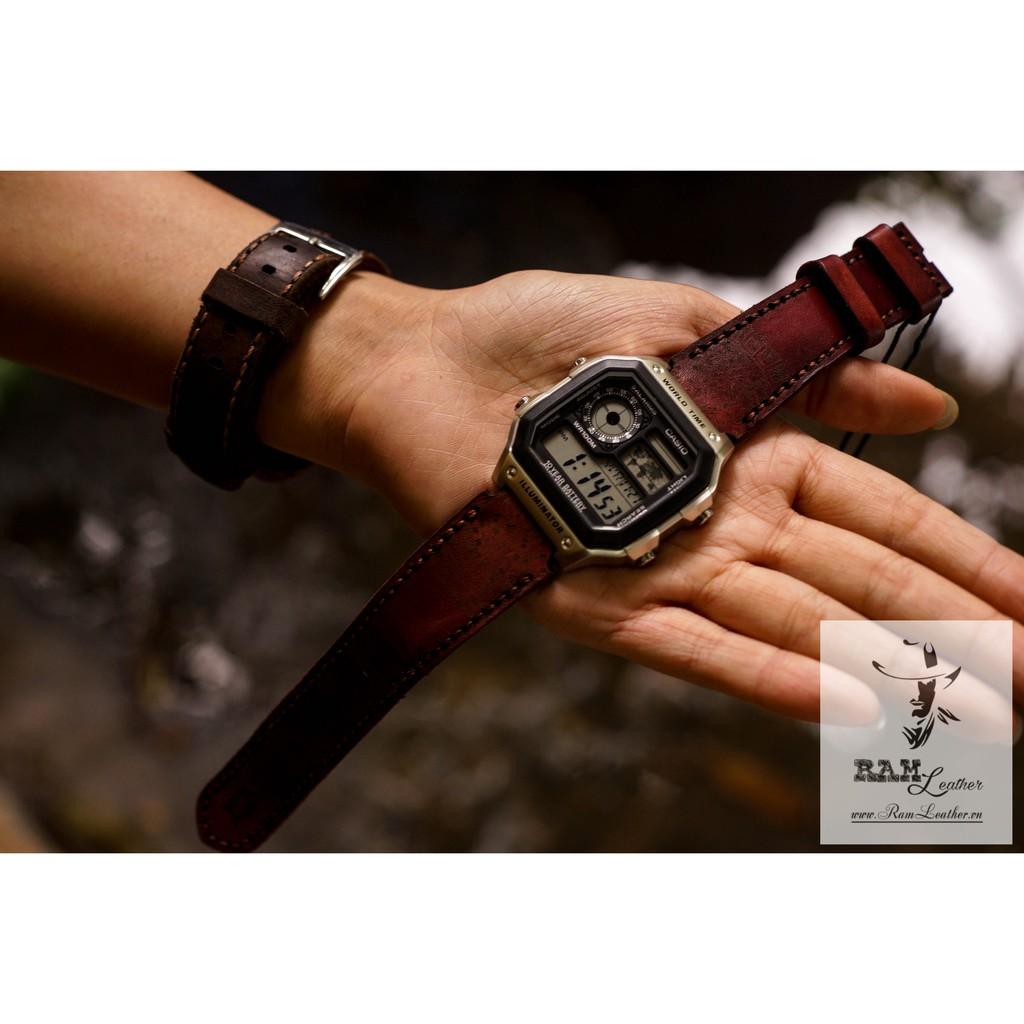 DÂY ĐỒNG HỒ TRỐNG ĐỒNG CASIO AE1200/SEIKO5 INCA DA MJAHOGANY DA BÒ THẬT