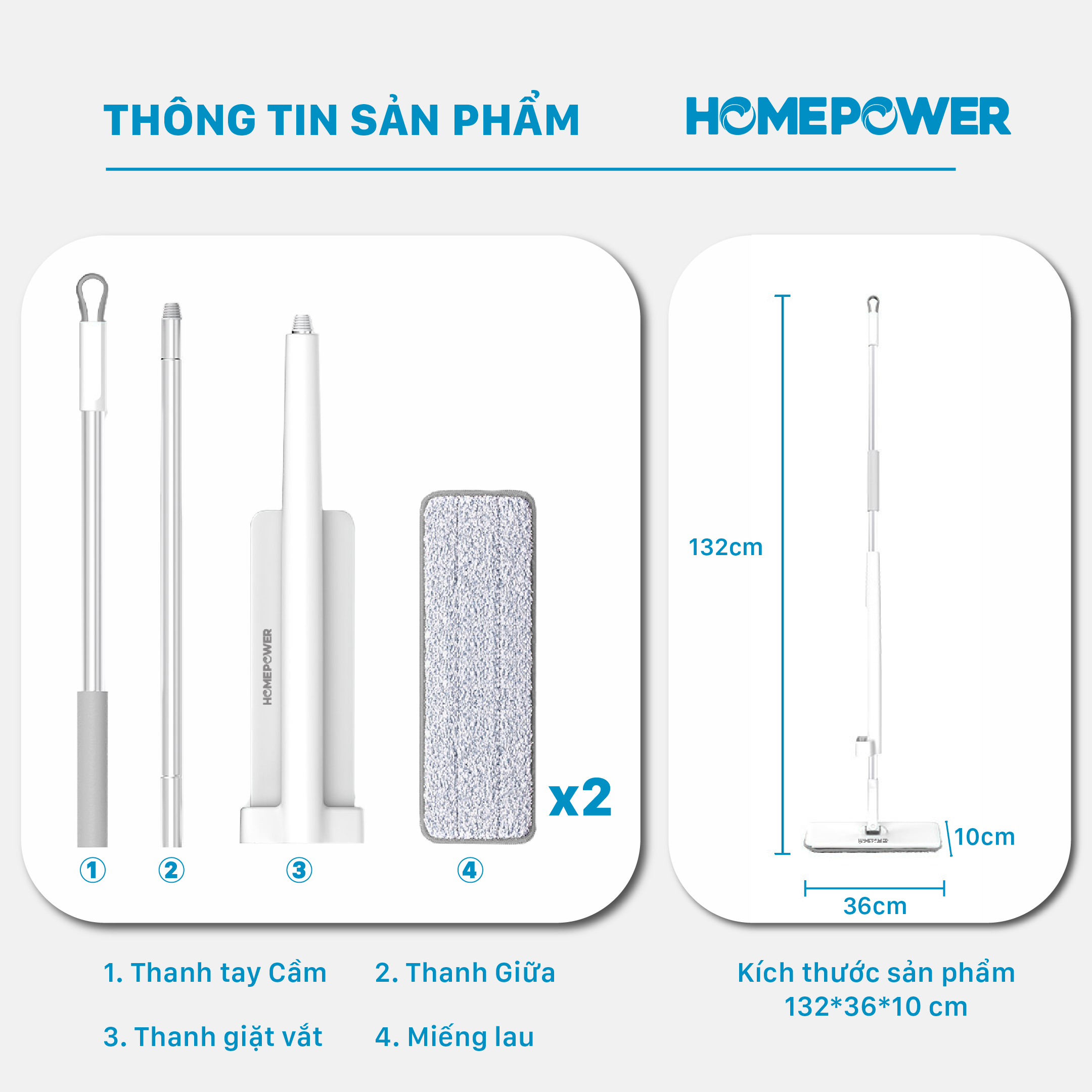 Cây Lau Nhà Tự Vắt Thông Minh 360 Độ Homepower CS-01, Thân Nhôm Sang Trọng, Cao Cấp, Bông Lau Microfiber Siêu Thấm Hút