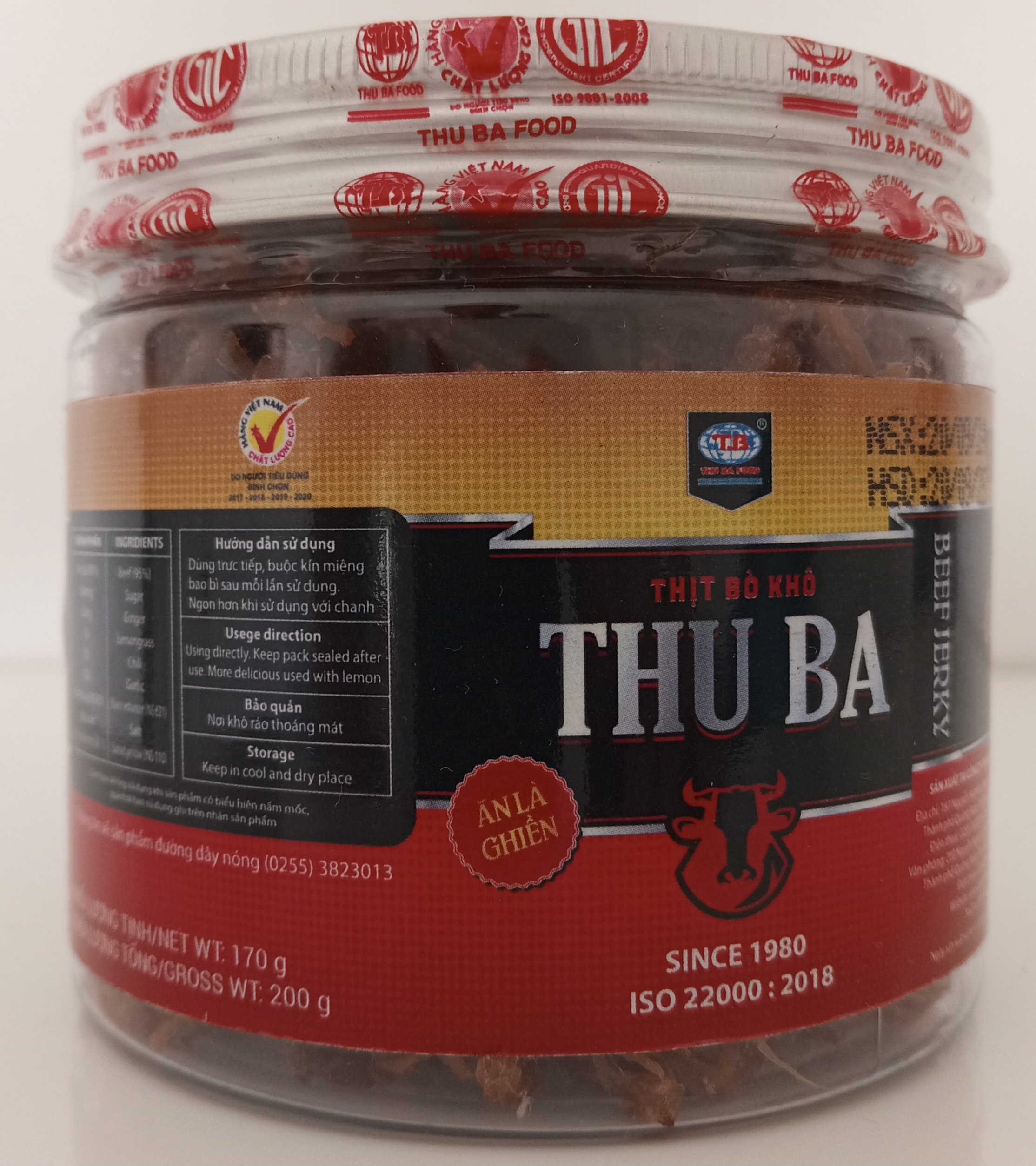 Thịt bò khô Thu Ba Quảng Ngãi 200 gram hộp tròn quà Tết loại sợi