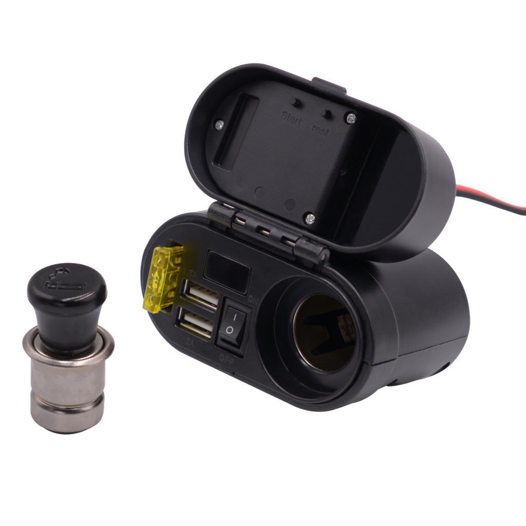 Waterproof Motorcycle Cigarette Lighter Dual USB Charger & Switch & Clock