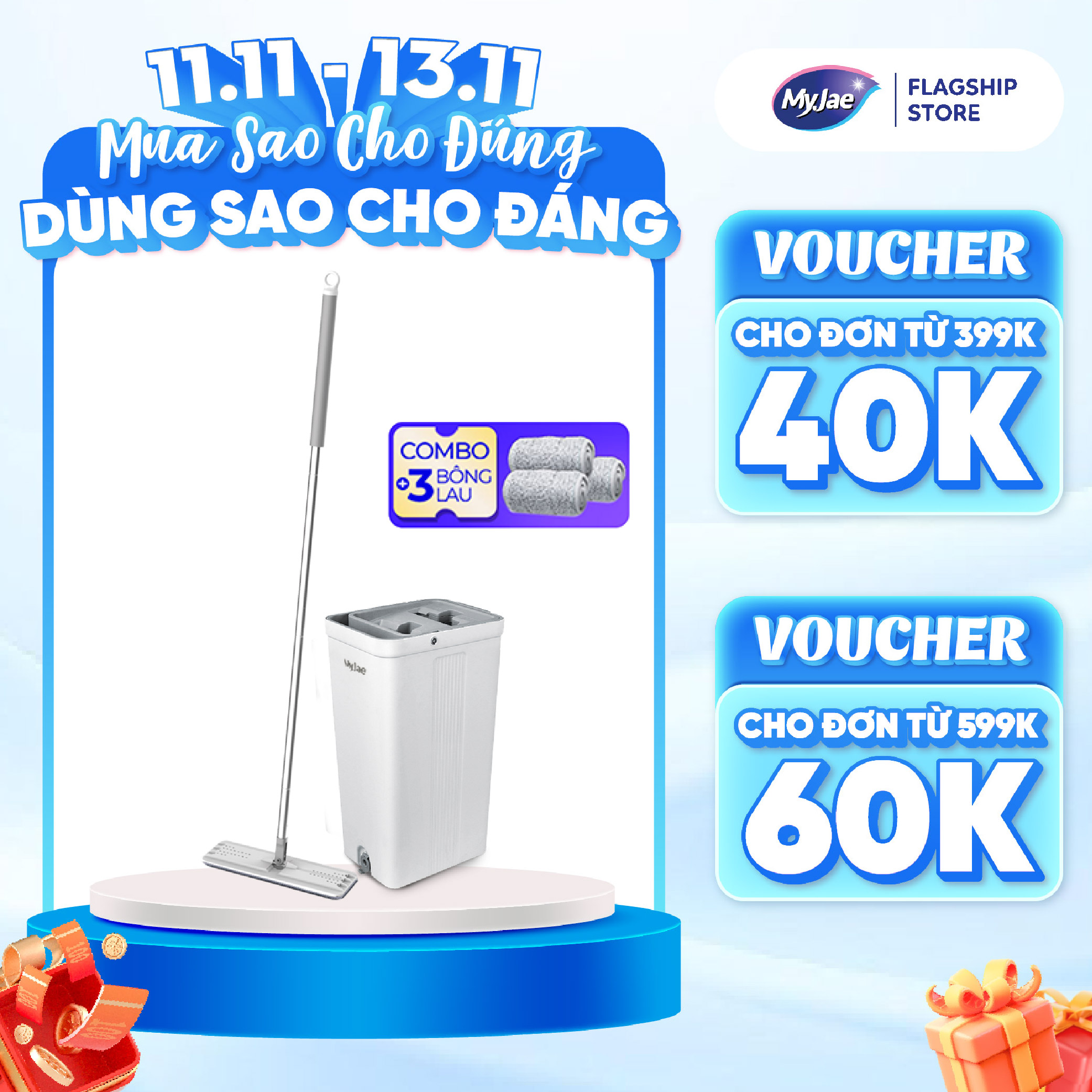 Combo 3 Bông Lau  1 Bộ Lau Nhà MyJae Đài Loan Sợi Microfiber 2 Ngăn Tự Vắt Xoay 360 Độ Thông Minh 123cm