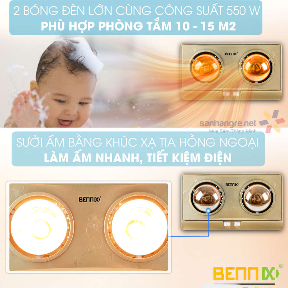 Đèn sưởi nhà tắm Bennix 2 bóng BN-2G - Hàng chính hãng