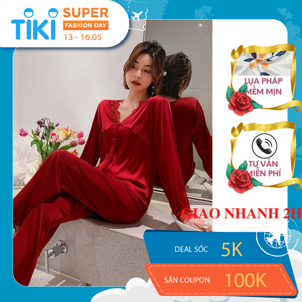 Đồ bộ pijama lụa, đồ mặc nhà nữ VILADY - B105 kiểu tay dài quần dài, hoạ tiết trơn phối viên ren quyến rũ, chất liệu lụa Pháp (lụa latin) cao cấp - Màu đỏ