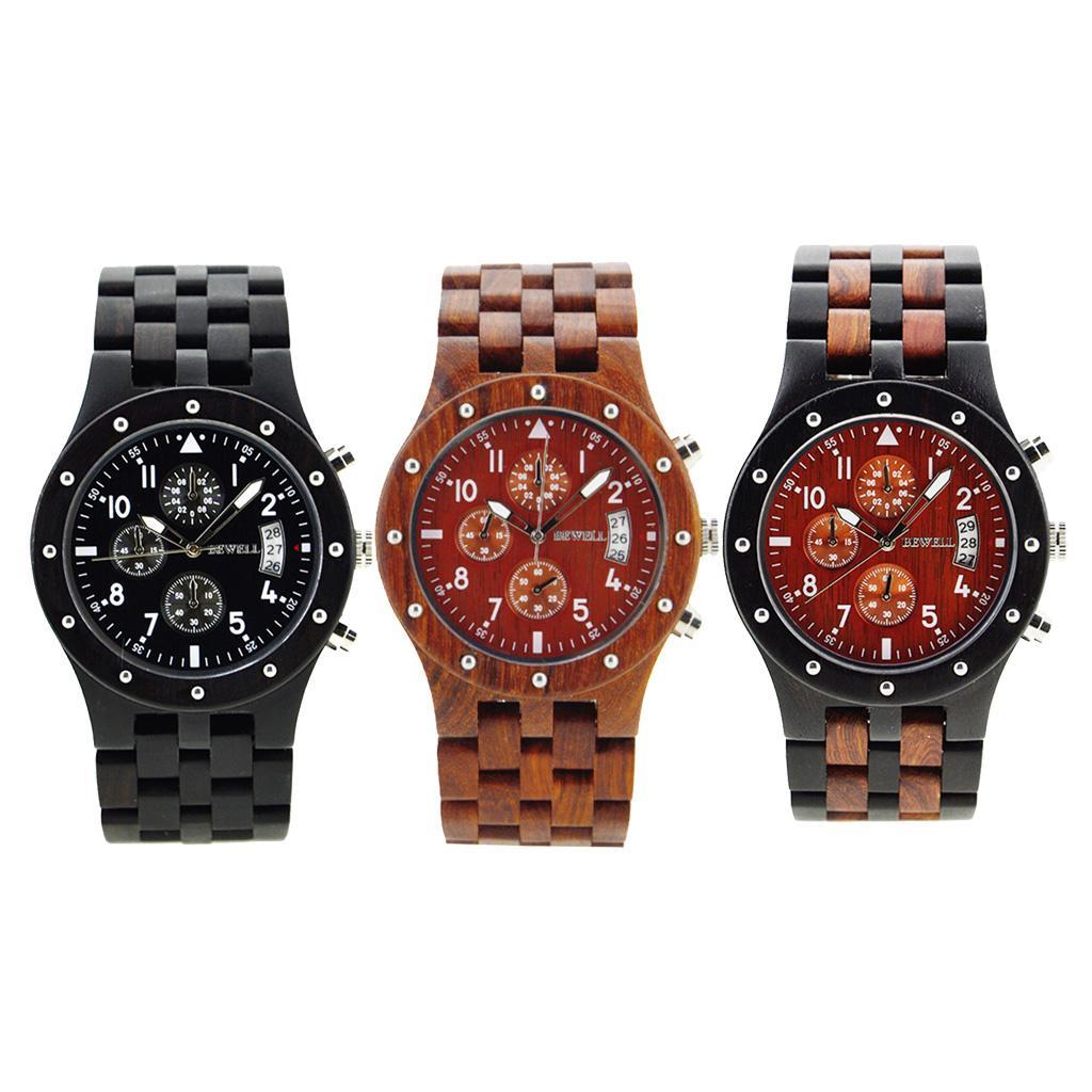 Bewell Sub-dials Wooden Watch Quartz Analog Movement Date Wristwatch