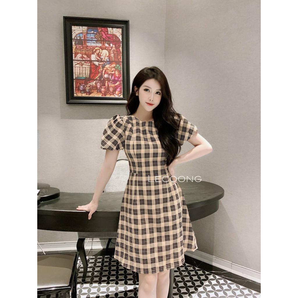 Váy nữ, thô sọc kẻ bốn màu nâu/vàng/đen/đỏ thiết kế chữ A đơn giản thích hợp mặc đi làm/dạo phố _LeCoong V98