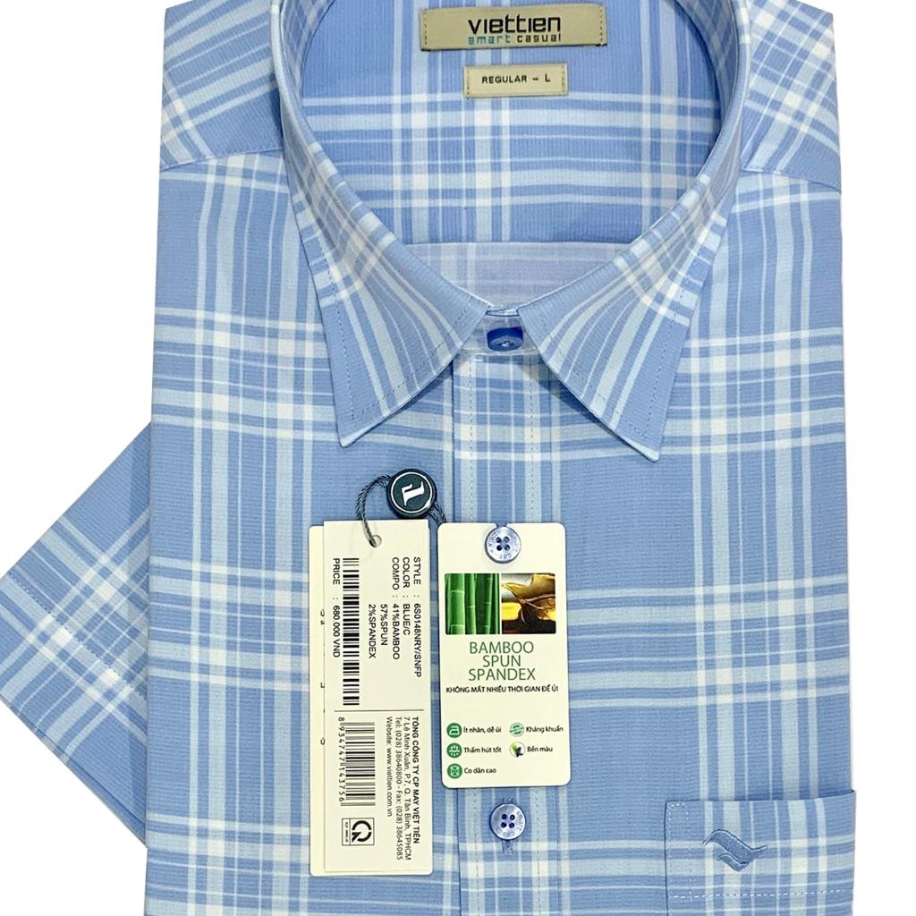 Viettien - Áo sơ mi nam ngắn tay xẻ tà vạt ngang Bamboo spun regular Ca rô 6S0148 - Ca rô