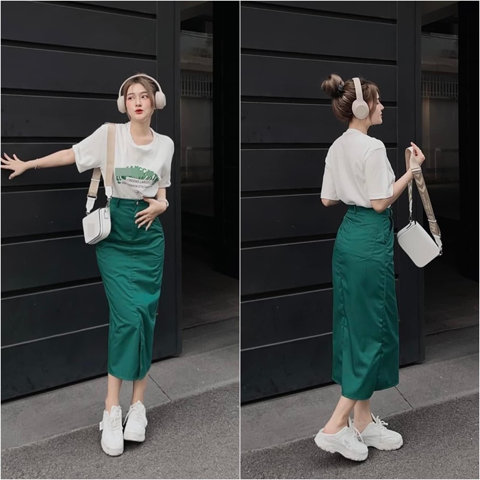 SET CHÂN VÁY DÀI LƯNG CAO SUÔNG TRƠN XẺ TRƯỚC XANH LÁ + ÁO THUN FORM RỘNG ĐI BIỂN DẠO PHỐ DỰ TIỆC