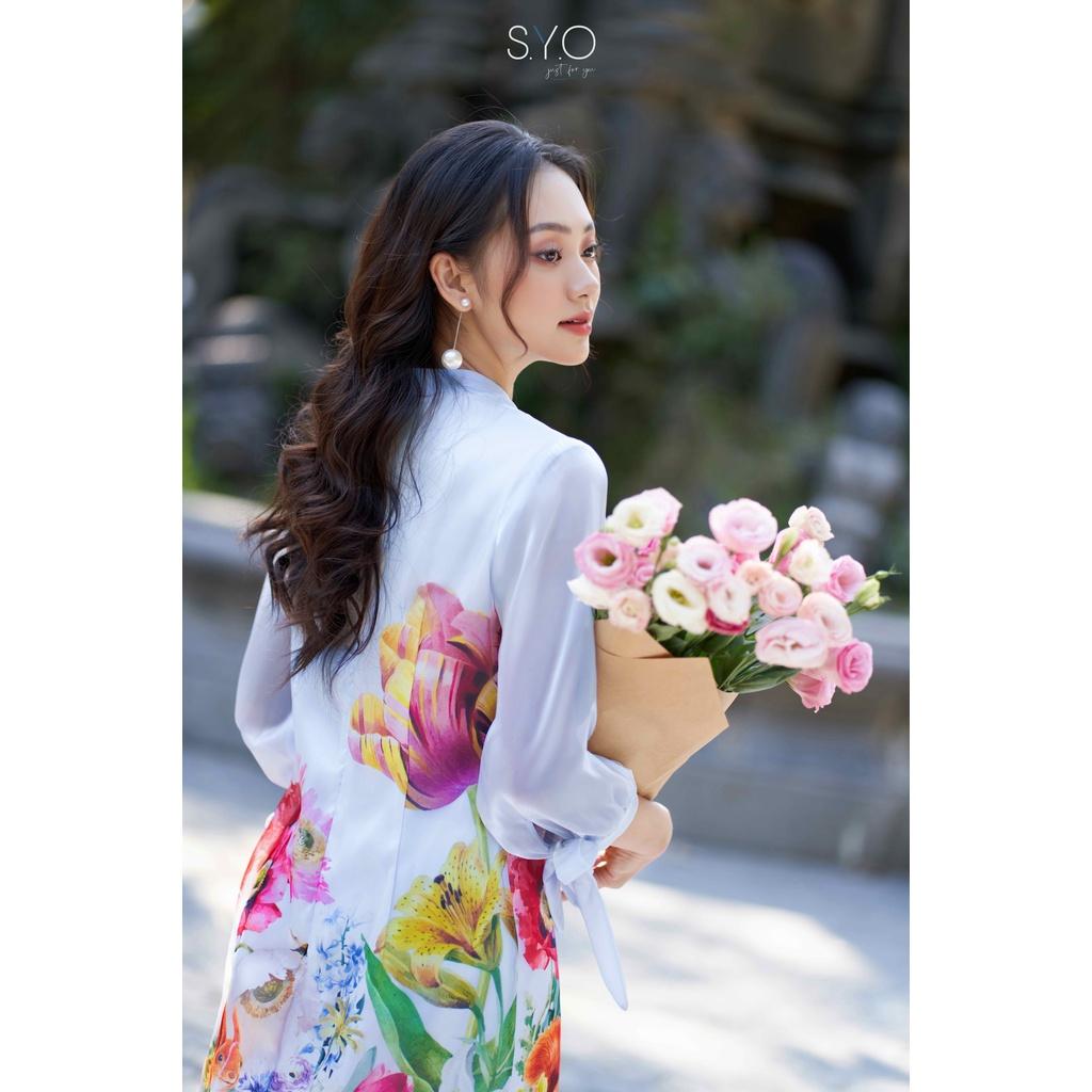 Đầm cổ tàu tay bồng in hình con sóc và rừng hoa SYO A4010