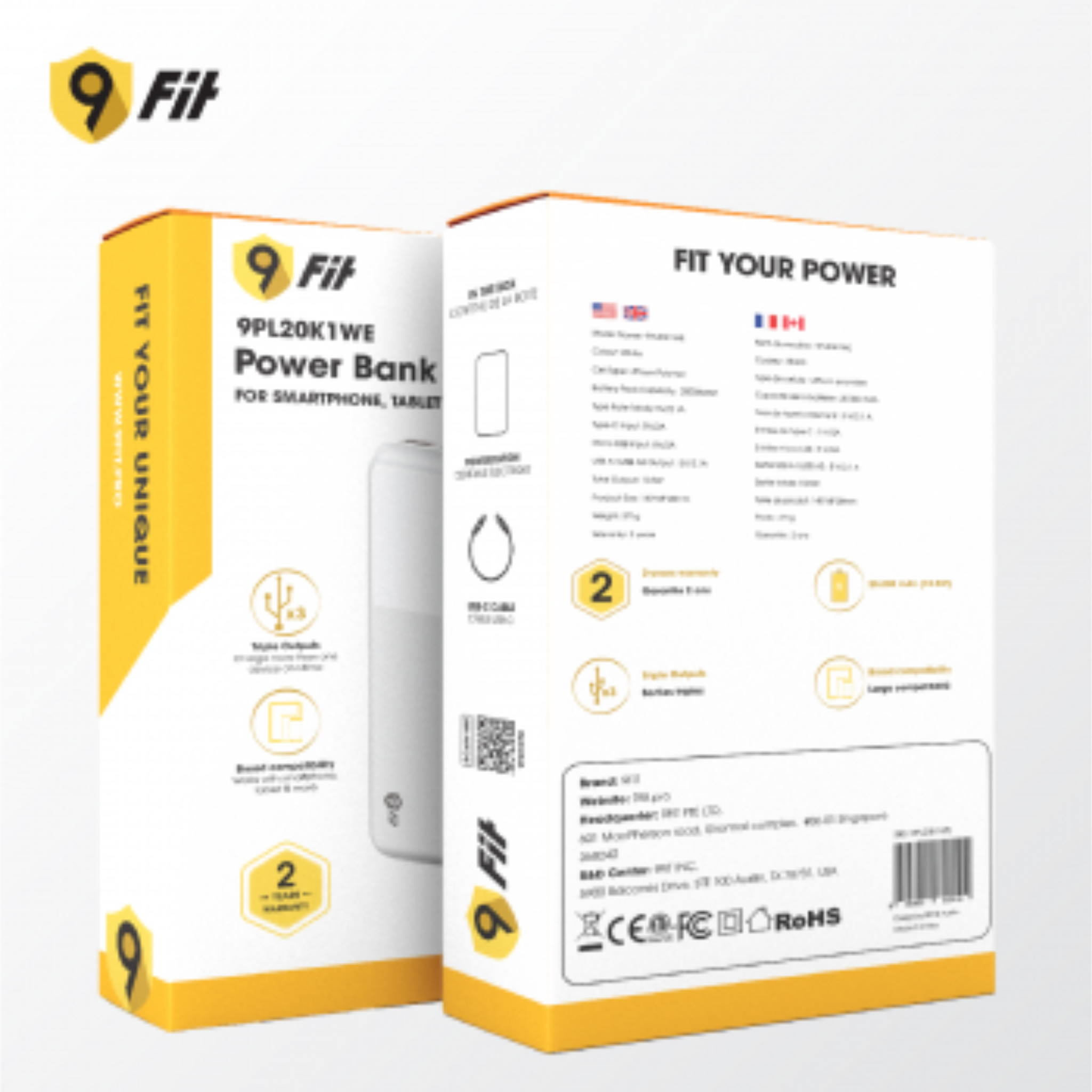 Sạc Dự Phòng 9FIT 20000mAh /3.7V Li-Polymer 9PL20K1 - hỗ trợ sạc nhanh 10,5W tích hợp 2 cổng output - Hàng chính hãng