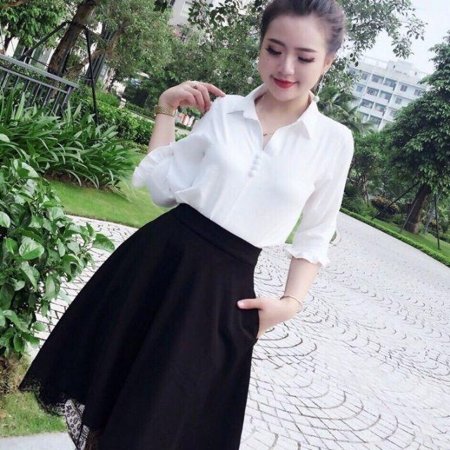 Chân Váy Xoè Phối Ren Công Sở_