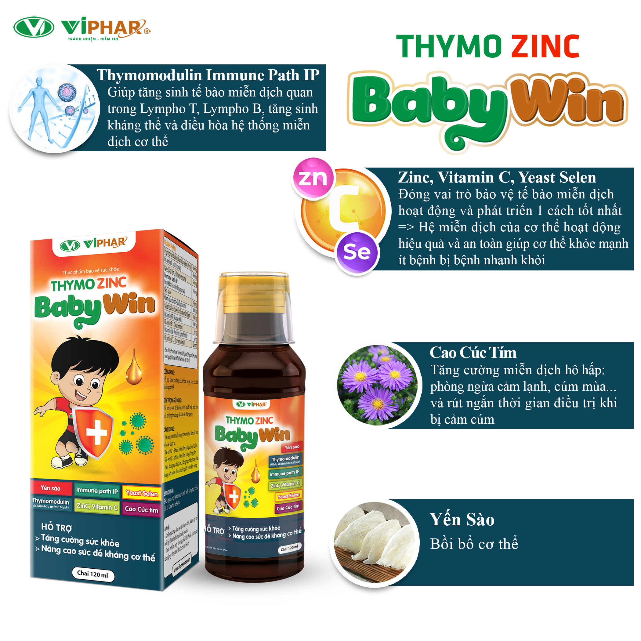 Siro Tăng Sức Đề Kháng Cho Bé Thymozinc Babywin VIPHAR Hộp 20 Gói 10ml