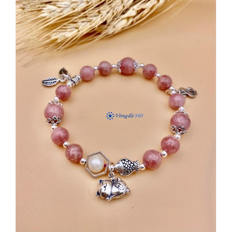 Vòng tay Đá Đào Hoa 8mm mix charm mèo thần tài may mắn