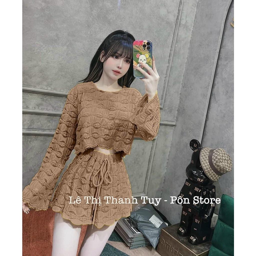 Set bộ đồ nữ áo tay dài croptop mix quần đùi ống rộng cùng tone màu đơn giản, xinh xắn dành cho các tình yêu đi chơi