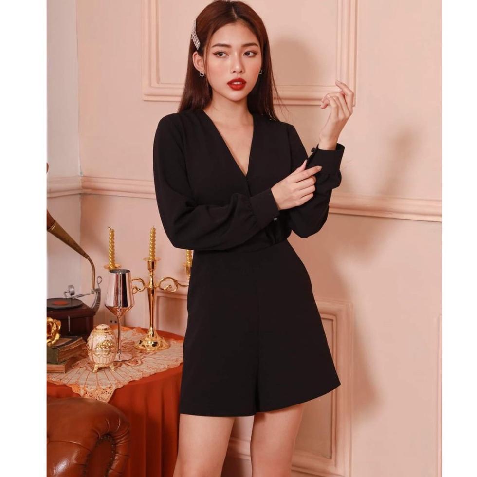 Jumpsuit đen tay dài cotton cao cấp hở lưng cổ V xoè chữ A ivy.fashion đi biển dự tiệc dạo phố bigsize gợi cảm sexy