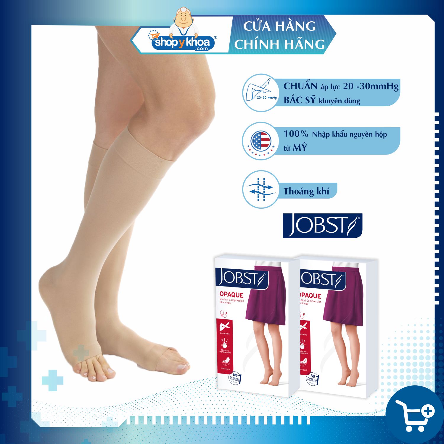 Combo 2 đôi Vớ y khoa gối JOBST Opaque - Mỏng, màu da, hở ngón, 20 - 30mmHg, giãn tĩnh mạch chân (tất y khoa)