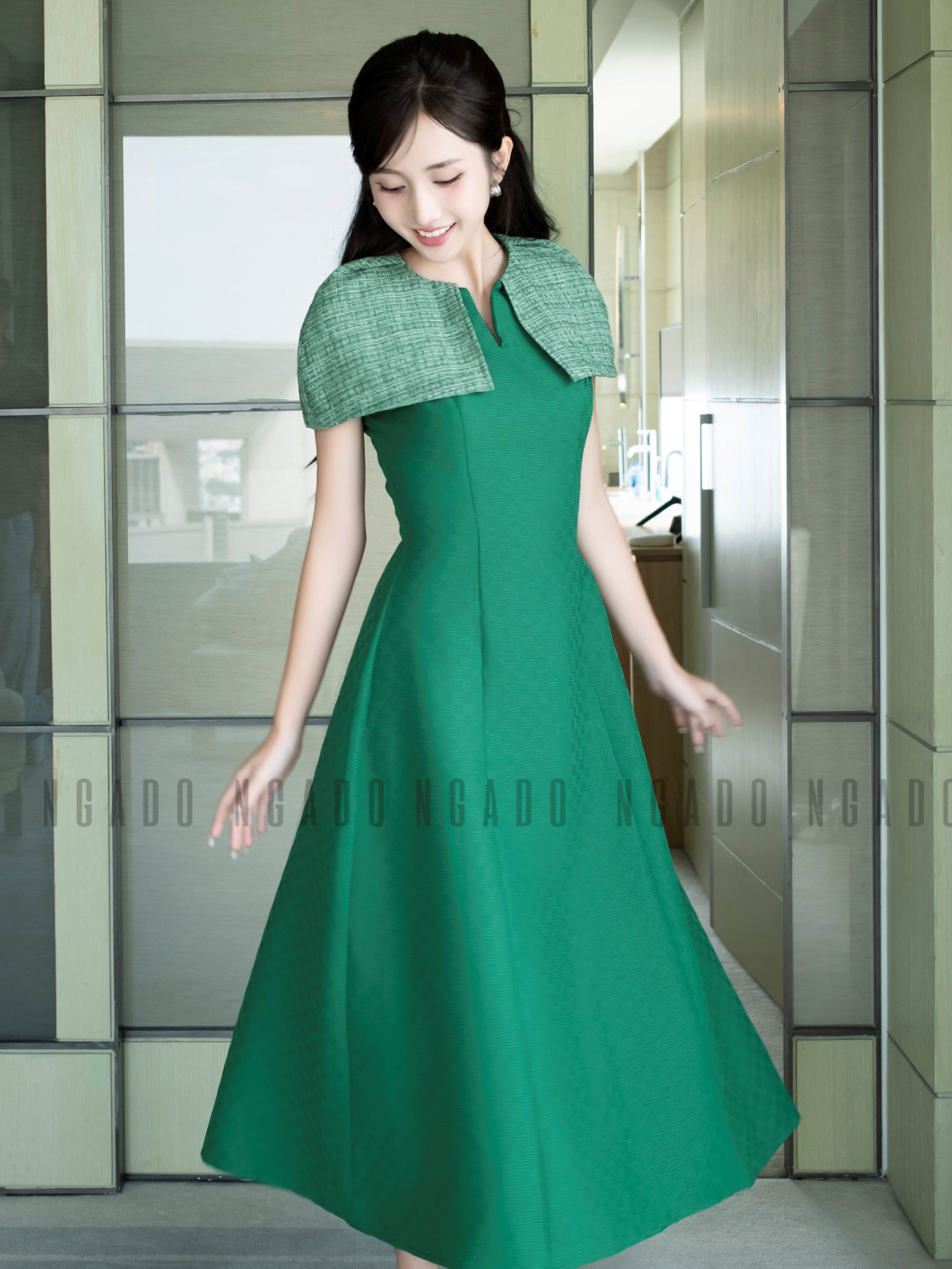 Đầm xanh lá phối tweed NGADO , đầm dự tiệc dáng dài , đầm thiết kế