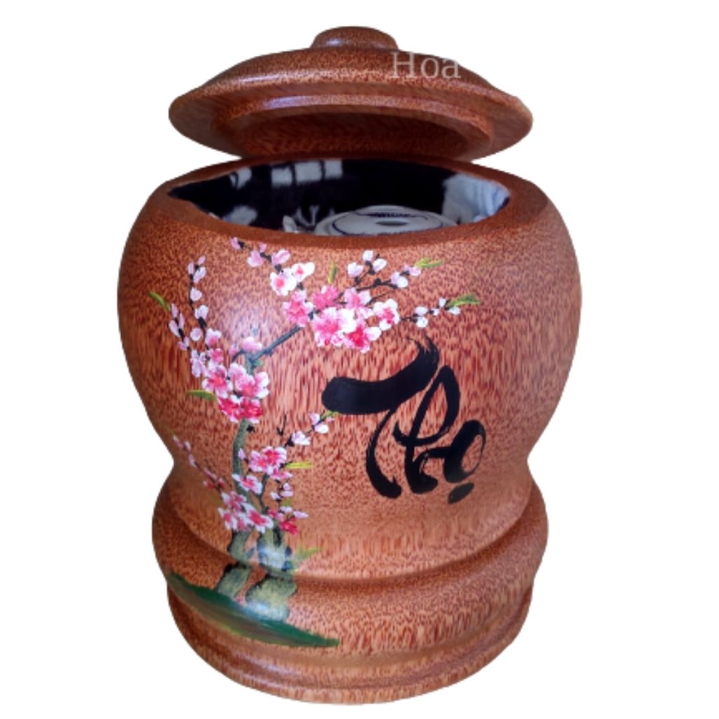 Bình Trà Gỗ Dừa Hoa Văn Lồng Chữ Thọ Và Bình Trà 700 - 950ml - Sản Phẩm Được Sản Xuất Tại Bến Tre