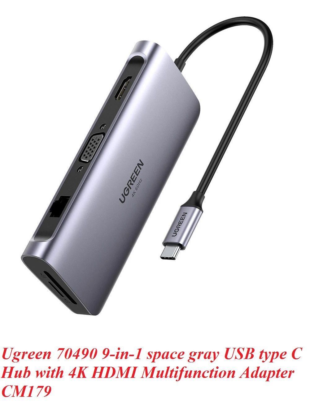 Ugreen UG70490CM179TK 100W 9 trong 1 màu xám bộ chuyển USB type C to 3xUSB3.0 4K-HDMI VGA RJ45 SD-TF PD hỗ trợ PD 3.0 - HÀNG CHÍNH HÃNG