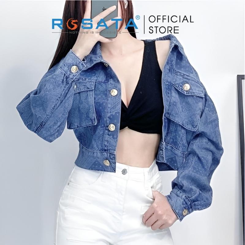 Áo khoác nữ croptop jean ROSATA K30 phối thổ cẩm Freesize tay dài 2 túi hộp thoáng mát