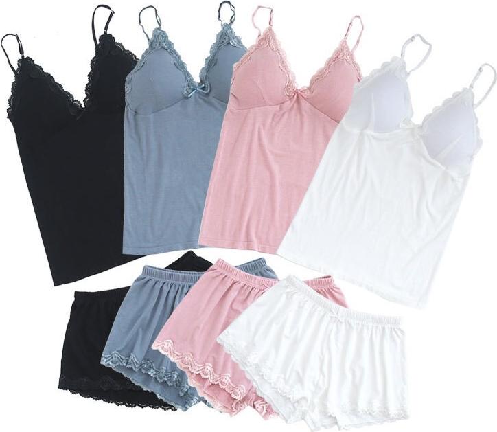 Đồ Bộ Ngủ 2 Dây Thun Gân Viền Ren Sexy Cho Phái Đẹp - Tặng 1 cột tóc quả bơ