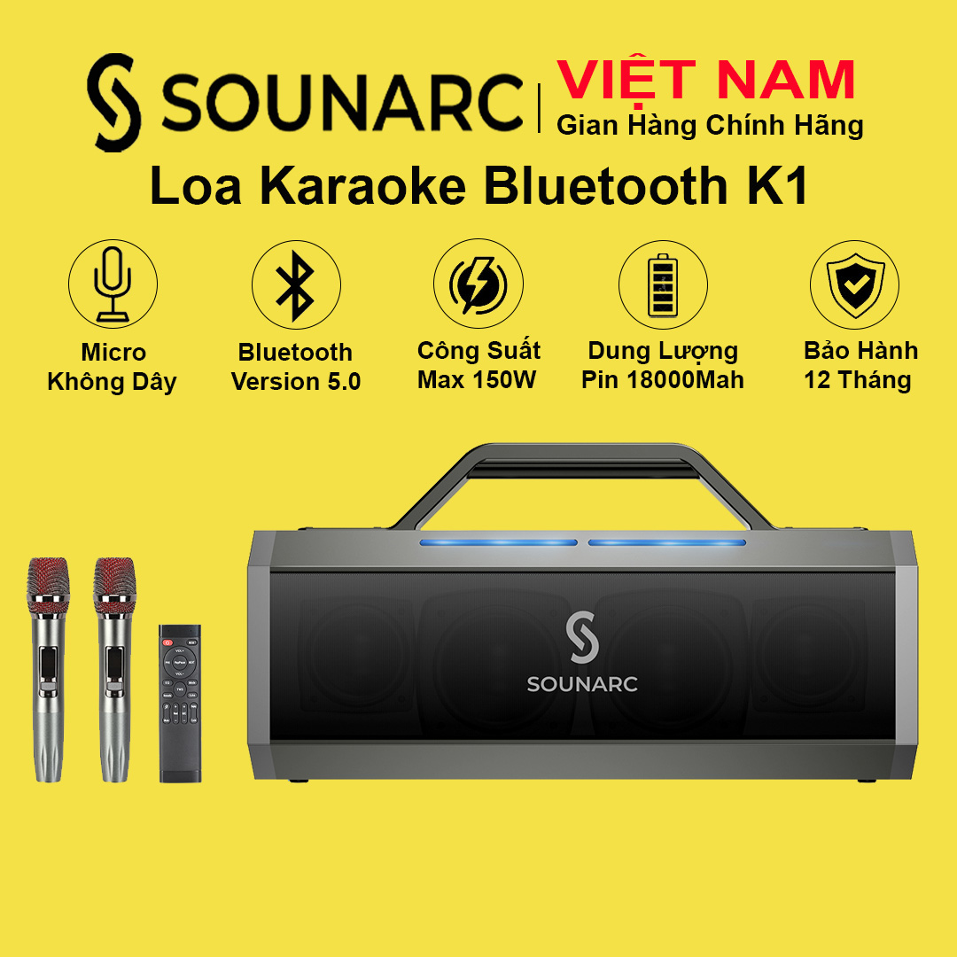 Loa Karaoke Bluetooth 5.0 Sounarc K1 + 2 Micro Không Dây Công Suất 150W | Pin 18000mAh tích hợp | Chống nước IPX6 | Hỗ Trợ Thẻ Nhớ TF, Micro, USB, AUX - Hàng chính hãng