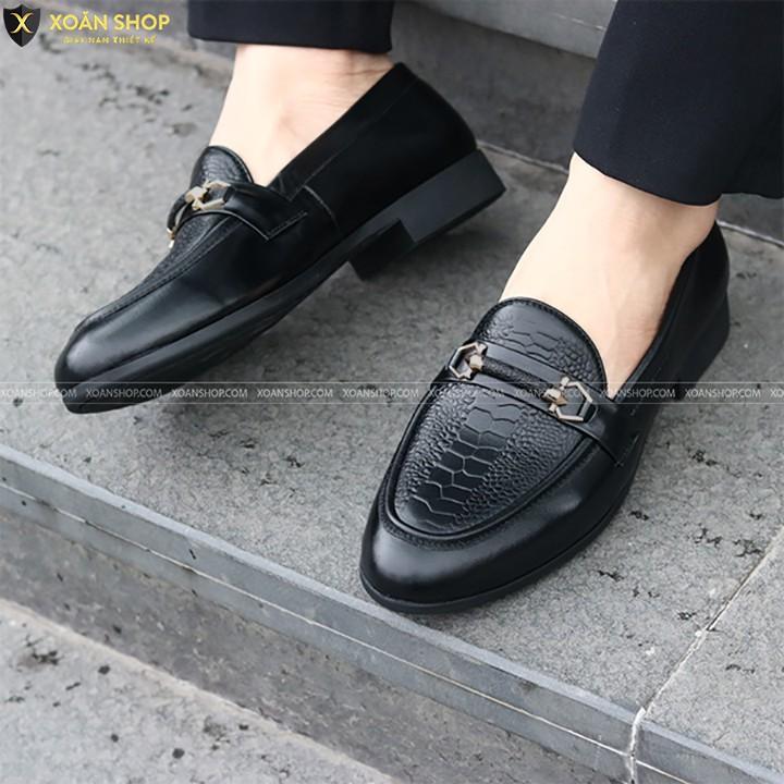 FREE SHIP - GIÀY LƯỜI NAM CÔNG SỞ - DẬP VÂN ĐÀ ĐIỂU- ĐẾ KHÂU - ĐẾ CAO 3CM-MÃ G004-1 MÀU ĐEN.