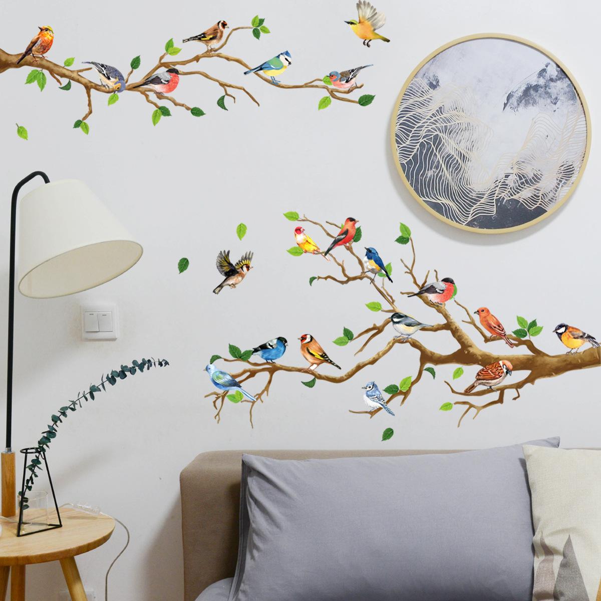 Nhãn dán tường chi nhánh của Hummingbird, lá màu xanh lá cây và chim nghệ thuật dán tường vinyl, phòng khách phòng ngủ phòng ngủ nhà bếp tự dính trang trí tường