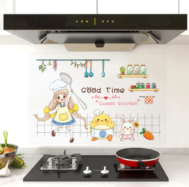 Decal dán bếp họa tiết trong suốt - Bé gái nấu ăn cùng gà và thỏ con