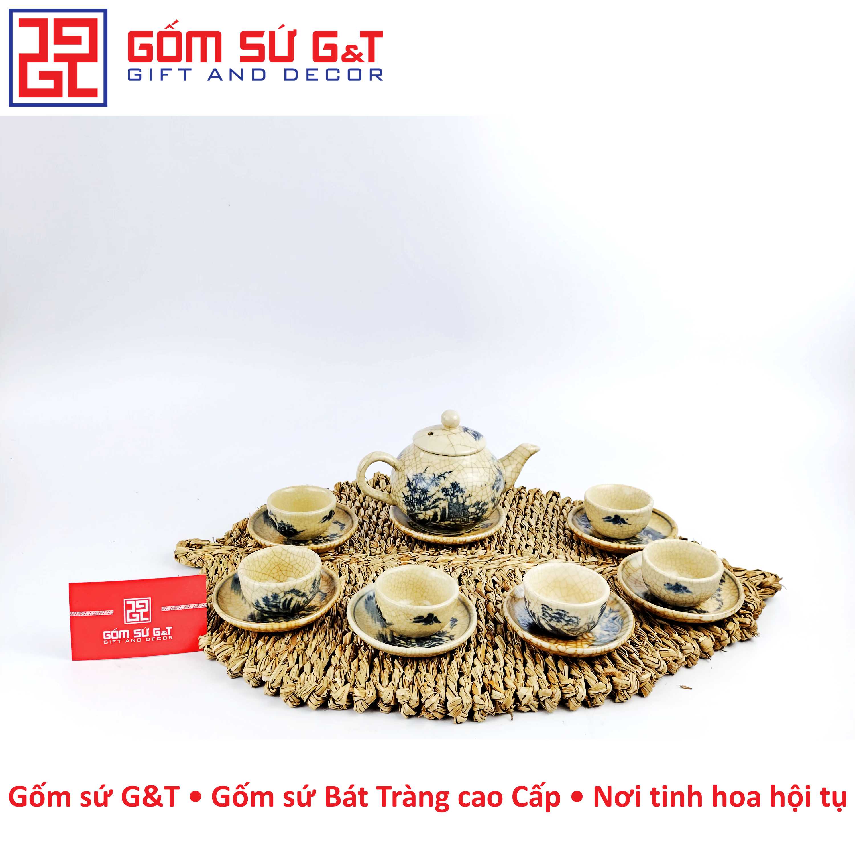 Bộ trà men rạn dáng quả hồng vẽ cảnh sơn thủy Gốm Sứ G&amp;T