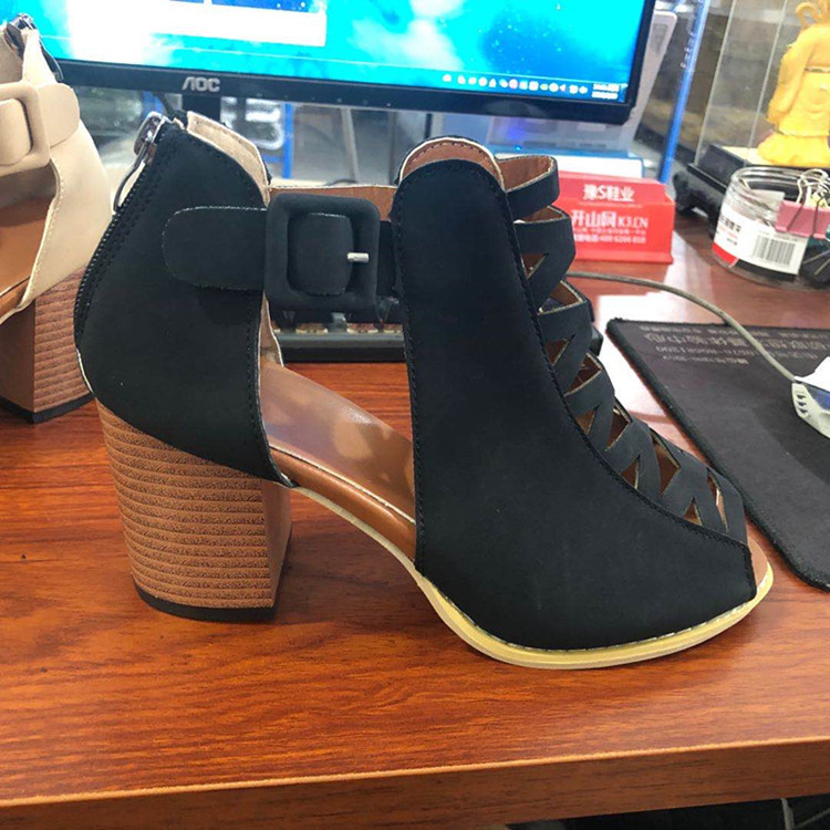 Ladies Hollow High Heel Sandals Fish Mouth Buckle Roman Sandals