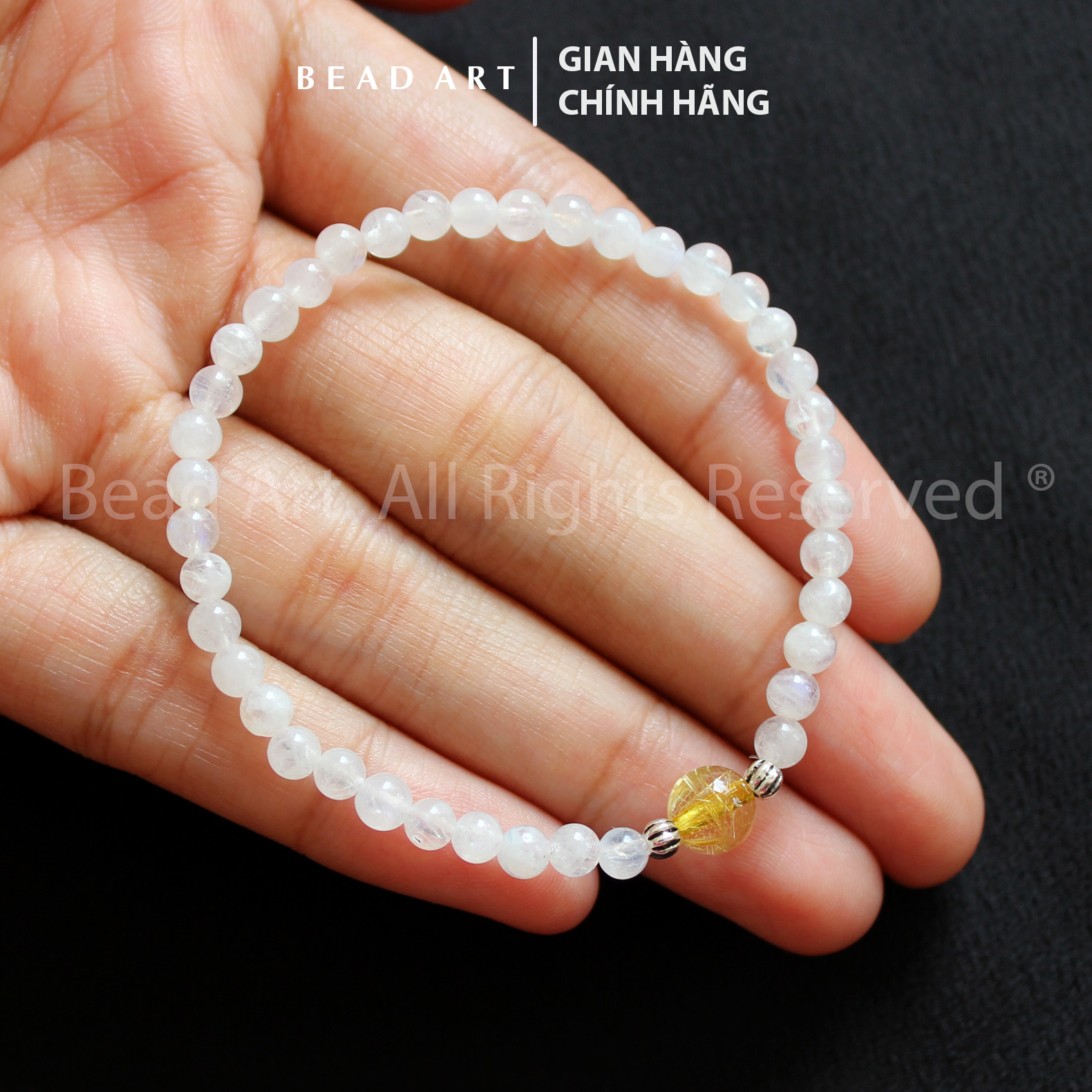 Vòng Tay 4MM Đá Moonstone Và Thạch Anh Tóc Màu Vàng, Mặt Trăng, Vòng Tay Phong Thuỷ, Chuỗi Hạt, Kim, Thuỷ - Bead Art