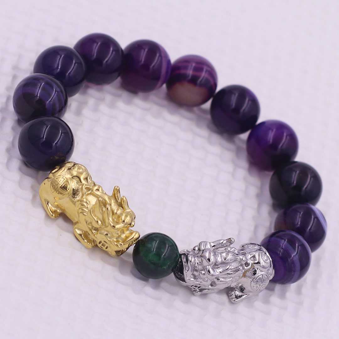 Vòng chuỗi đeo tay mã não tím sọc 12 ly charm tỳ hưu đôi inox trắng và vàng, vòng chuỗi phong thủy, charm tỳ hưu, vòng tay hạt chuỗi