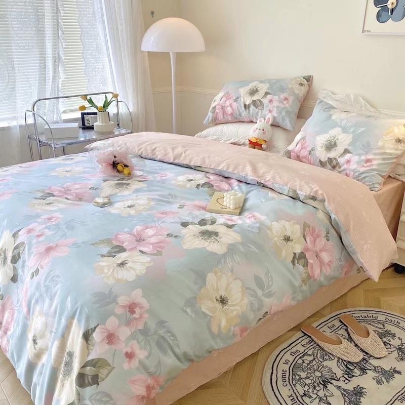 Bộ Chăn Ga Gối Cotton Living 100%cotton Hàng Nhập Khẩu Cao Cấp 4 Món Hoa Nâu